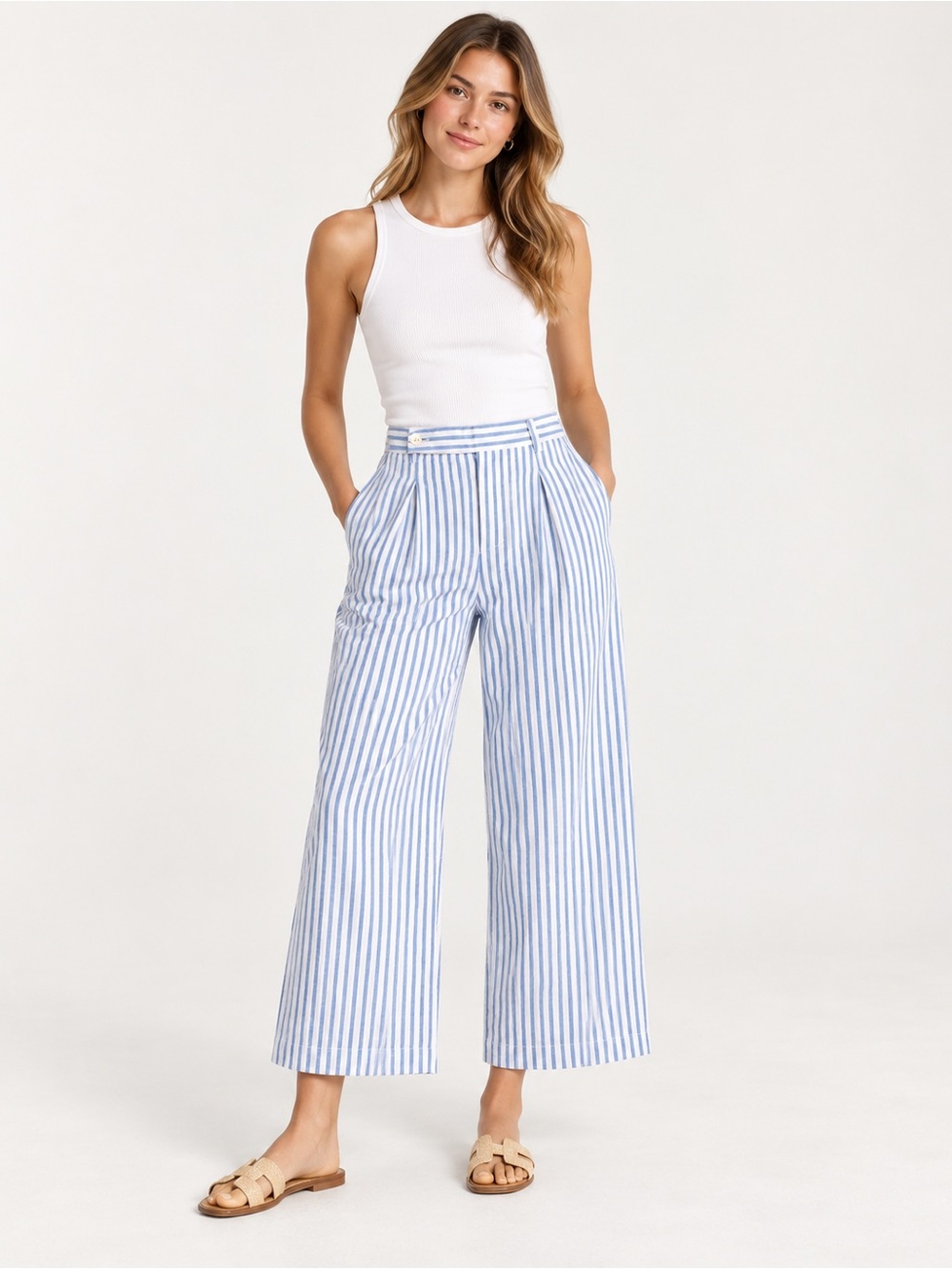Madewell Blue & White Striped Wide Leg Pants Size 0P 26” inseam